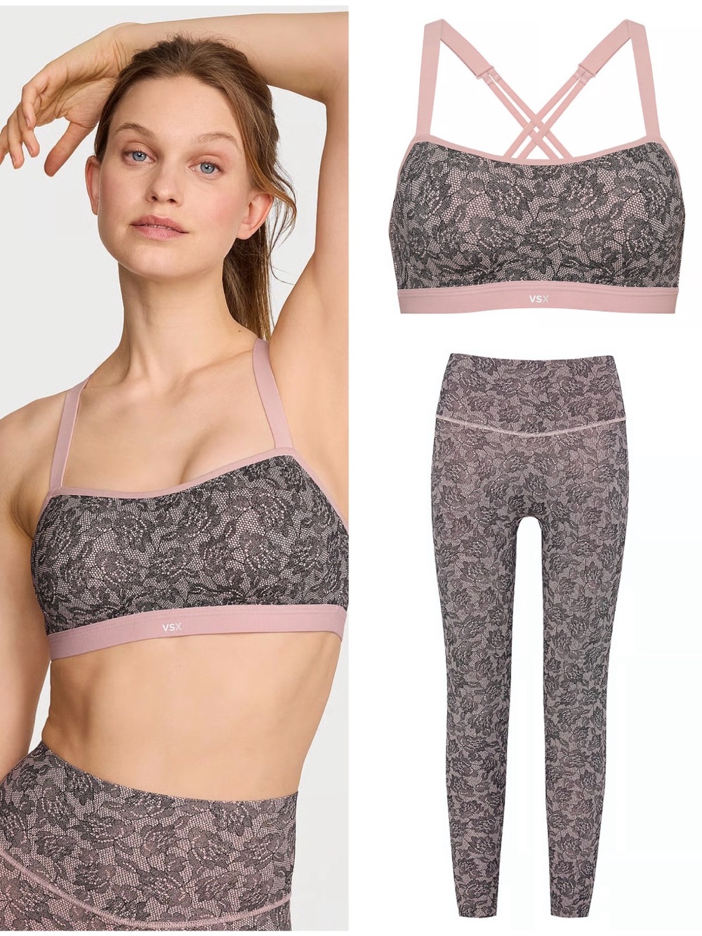 VSX Victoria’s Secret Angel Sports Bra & Elevate Leggings Set Lace Print S